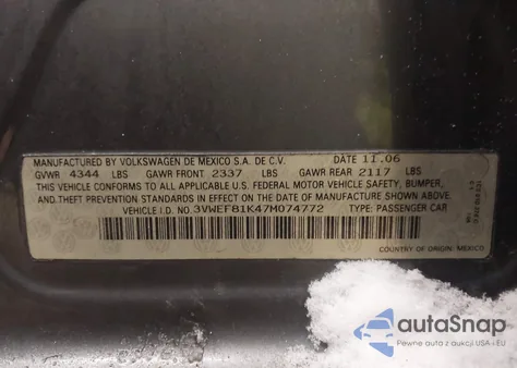 2007 Volkswagen Jetta Wolfsburg Edition из США, поврежденный, VIN 3VWEF81K47M074772